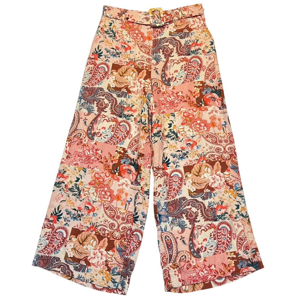Sigrid Olsen Pink Paisley Floral Patchwork Linen Blend Wide Leg Pants Size 8
